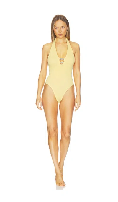 Hunza G Adriana Beaded Halterneck Crinkle Swimsuit In Yellow
