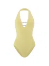 Hunza G Adriana Beaded Halterneck Crinkle Swimsuit In Yellow