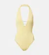 Hunza G Adriana Beaded Halterneck Crinkle Swimsuit In Yellow