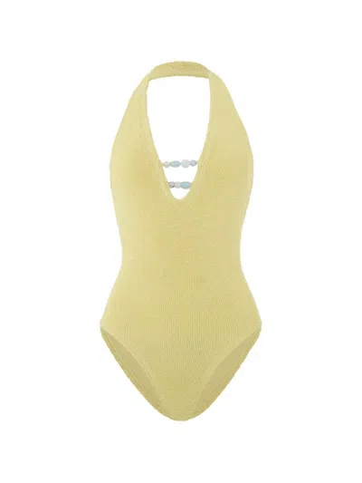 Hunza G Adriana Beaded Halterneck Crinkle Swimsuit In Yellow
