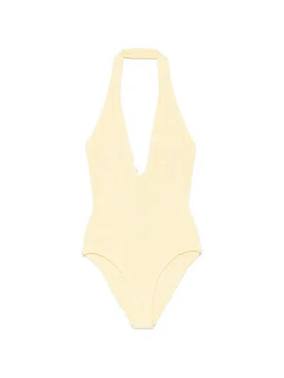Hunza G Adriana Bead-embellished Crinkle-effect Swimsuit In Yellow