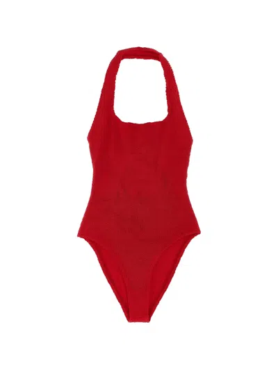 Hunza G American Crinkle Neckline Sandy Swimsuit In Red