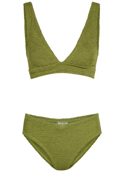 Hunza G Angel V-neck Crinkle Bikini In Green