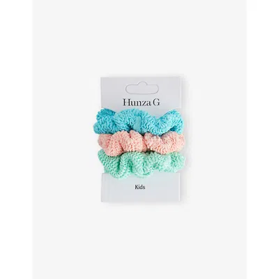 Hunza G Aqua/peach/metallic Mint Kids' Pack Of Three Stretch-woven Scrunchies In Blue