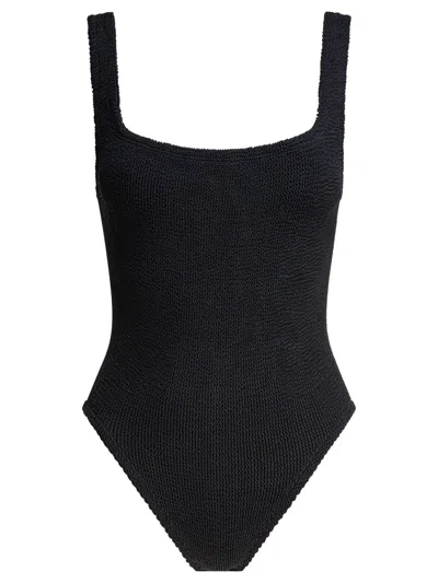 Hunza G High-cut Leg Square Neckline Textured Fabric In Black