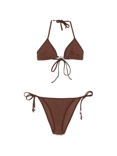 Hunza G Bead-embellished Crinkled Bikini In Brown