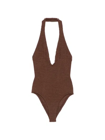 Hunza G Bead-embellished Crinkle-effect Swimsuit In Brown