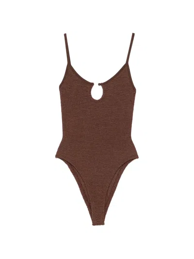 Hunza G Swimsuit With Cutouts And Beaded Embellishments In Brown