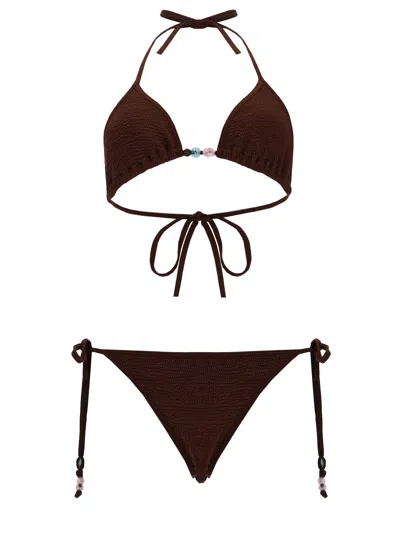 Hunza G Textured Triangle Bikini Set With Adjustable Ties In Brown