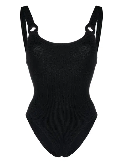 HUNZA G BLACK DOMINO CRINKLED SWIMSUIT