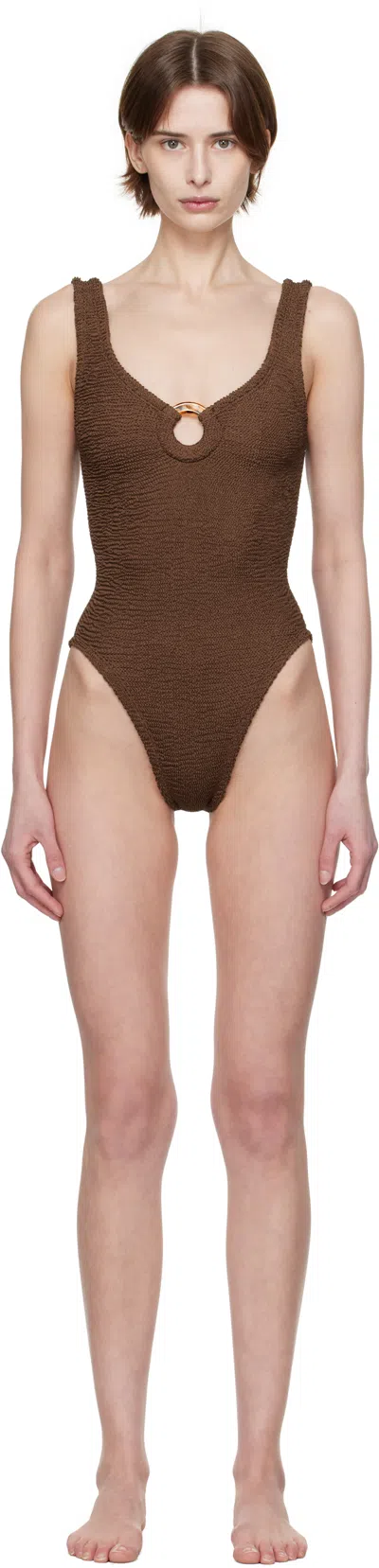 Hunza G Celine Brown One-piece Swimsuit With Ring In Elasticized Fabric Woman