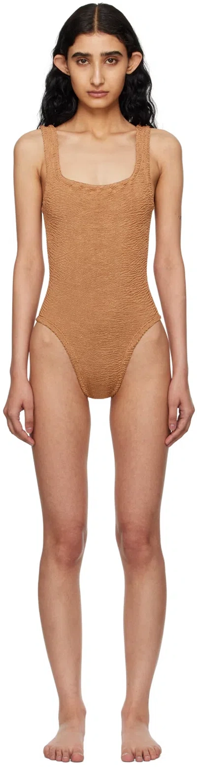 Hunza G Brown Square Neck Swimsuit In Metallic Cocoa