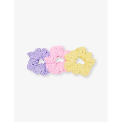 Hunza G Kids' Ruched Pack Of Three Seersucker Scrunchi In Bubblegum/lilac/yellow