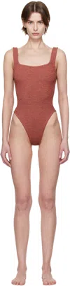 Hunza G Burgundy Square Neck Swimsuit In Metallic Rosewood