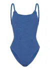 Hunza G Camille One Piece In Metallic Denim | One Size Fit Designer Swimwear | Twisted Straps, Low Back Scoo In Blue