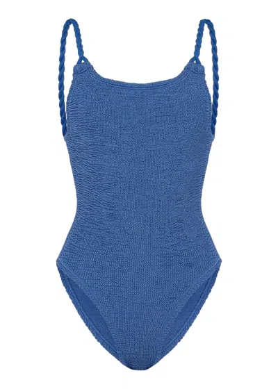 Hunza G Camille One Piece In Metallic Denim | One Size Fit Designer Swimwear | Twisted Straps, Low Back Scoo In Blue