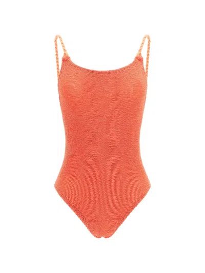 Hunza G Camille Scoop Neck Textured One Piece Swimsuit In Orange