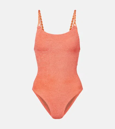 Hunza G Ribbed High Leg Square Neck Swimsuit In Orange