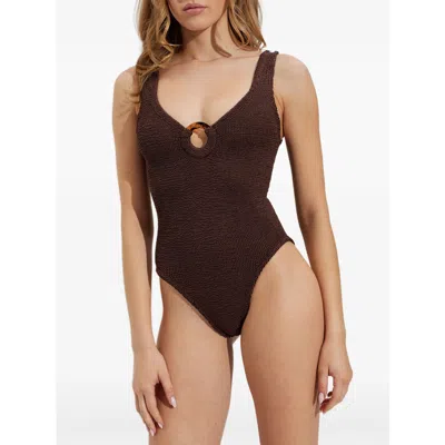Hunza G Celine Crinkle Couverage Swimsuit In Brown