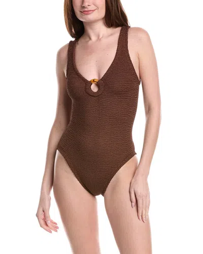 Hunza G Womens Metallic Chocolate Celine Ring Crinkled Swimsuit In Brown
