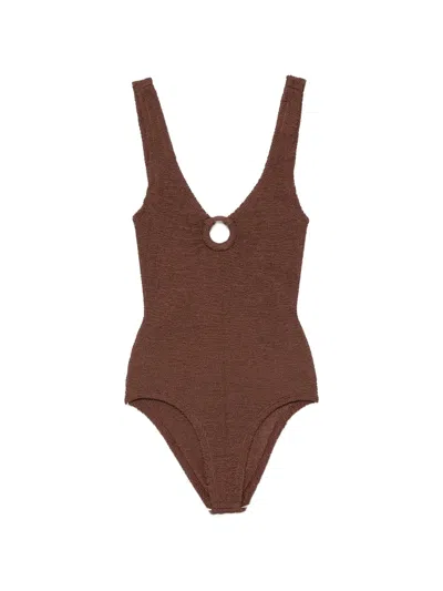 Hunza G Celine Ring-detail Swimsuit In Brown