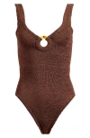 Hunza G Celine Seersucker One-piece Swimsuit In Metallic Chocolate