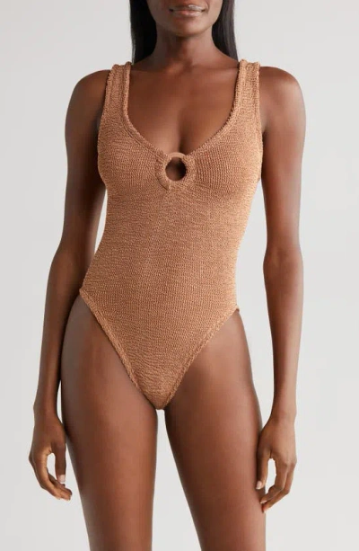 Hunza G Celine Stripe Seersucker One-piece Swimsuit In Brown
