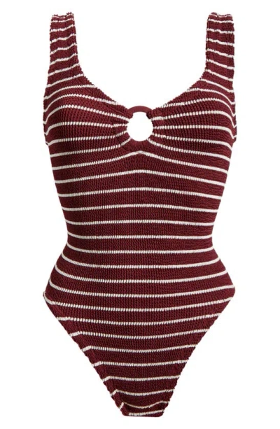 Hunza G Celine Stripe Seersucker One-piece Swimsuit In Wine/ White