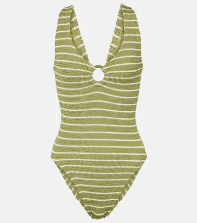 Hunza G Celine Striped Ring-detail Swimsuit In Green