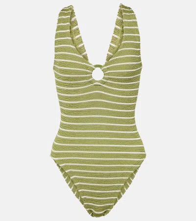 Hunza G Celine Striped Ring-detail Swimsuit In Gray