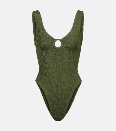 Hunza G Coverage Celine Swim With Fabric Covered Hoops Metallic Khaki In Green