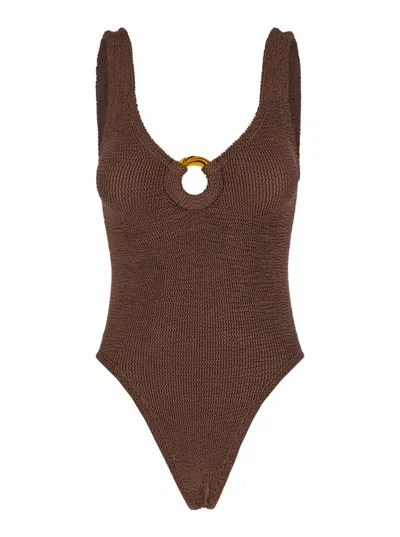 Hunza G Chocolate Textured Knit One-piece Swimsuit In Brown