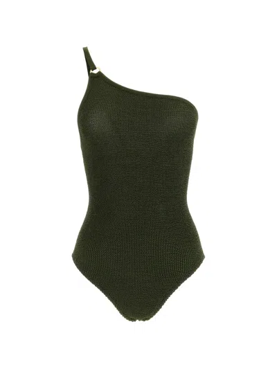 Hunza G Clara Asymmetric Shoulder Textured Swimsuit In Green