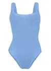 Hunza G Classic Square Neck Swimsuit In Cornflower Blue | Stretchy One Size Fit Designer Swimwear | Scooped  In Multi