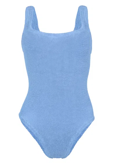 Hunza G Classic Square Neck Swimsuit In Cornflower Blue | Stretchy One Size Fit Designer Swimwear | Scooped  In Multi