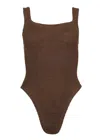 Hunza G Classic Square Neck Swimsuit In Metallic Chocolate | Stretchy One Size Fit Designer Swimwear | Body  In Brown