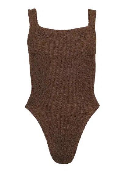 Hunza G Classic Square Neck Swimsuit In Metallic Chocolate | Stretchy One Size Fit Designer Swimwear | Body  In Brown