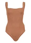 Hunza G Classic Square Neck Swimsuit In Metallic Cocoa | Stretchy One Size Fit Designer Swimwear | Body Shap In Brown