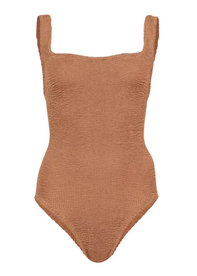 HUNZA G CLASSIC SQUARE NECK SWIMSUIT IN METALLIC COCOA | STRETCHY ONE SIZE FIT DESIGNER SWIMWEAR | SCOOPED B