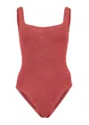 Hunza G Classic Square Neck Swimsuit In Metallic Rosewood | Stretchy One Size Fit Designer Swimwear | Scoope In Burgundy