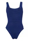 Hunza G Classic Square Neck Swimsuit In Navy Blue | Stretchy One Size Fit Designer Swimwear | Scooped Back & In Blue