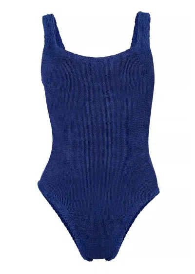 Hunza G Classic Square Neck Swimsuit In Navy Blue | Stretchy One Size Fit Designer Swimwear | Scooped Back &