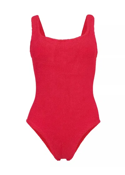 Hunza G Classic Square Neck Swimsuit In Red | Stretchy One Size Fit Designer Swimwear | Body Shaping Scooped In Pink