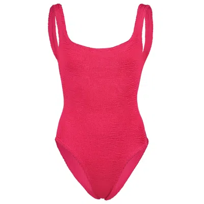 Hunza G Classic Square Neck Swimsuit | One Size Body Shaping | Low Back | Crinkle One-piece | Women's Swimwe In Pink
