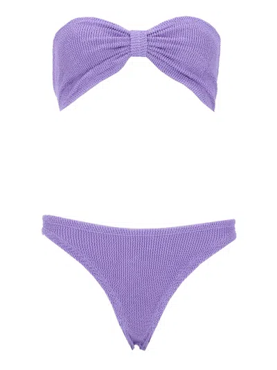 Hunza G Textured Bandeau Knot Bikini Set In Purple