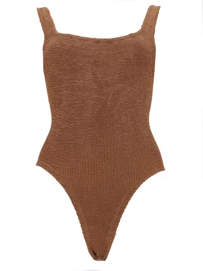 Hunza G Square Neck Textured Knit Swimsuit In Brown