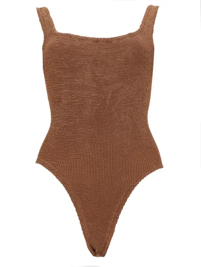 Hunza G Square Neck Textured Knit Swimsuit In Brown