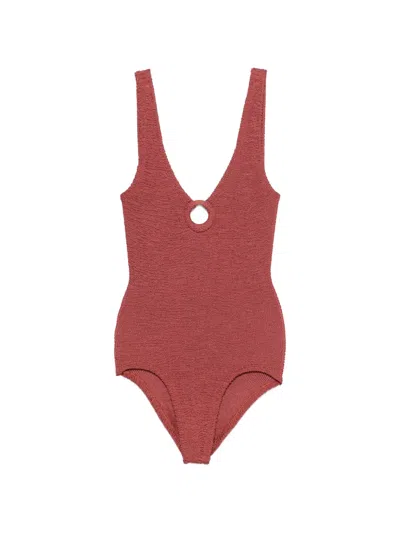 Hunza G Covceline Crinkle-effect Ring-detail Swimsuit In Red