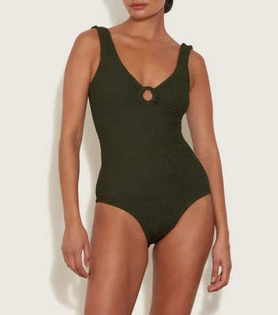 Hunza G Coverage Celine Swim With Fabric Covered Hoops Metallic Khaki In Green