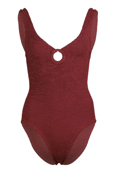 Hunza G Coverage Celine Swim With Fabric Covered Hoops Metallic Rosewood In Burgundy